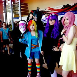 Size: 960x960 | Tagged: safe, artist:fluffyducky-plushie, fluttershy, queen chrysalis, rainbow dash, rarity, human, g4, 2012, beatnik rarity, beret, clothes, convention, cosplay, crossover, glasses, hat, irl, irl human, photo, spy, spy (tf2), stgcc, team fortress 2