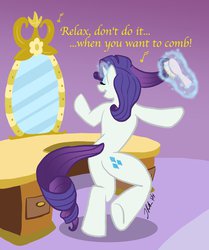 Size: 836x1000 | Tagged: safe, artist:the_gneech, rarity, pony, unicorn, g4, bipedal, comb, dialogue, female, frankie goes to hollywood, glowing horn, horn, magic, mirror, music notes, pun, relax, singing, solo, song reference, telekinesis, underhoof