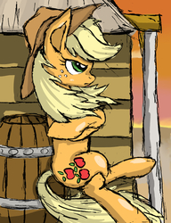 Size: 742x967 | Tagged: safe, artist:autumn-plains, applejack, g4, barrel, crossed hooves, crossed legs, female, frown, glare, serious face, sitting, solo, sunset, western, windswept mane