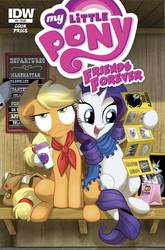 Size: 1050x1594 | Tagged: safe, artist:amy mebberson, idw, applejack, princess celestia, rarity, friends forever, g4, spoiler:comicff8, applejack is not amused, comic, cover, travel guide, unamused