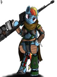 Size: 1475x1979 | Tagged: safe, artist:greyscaleart, rainbow dash, pegasus, pony, g4, armor, belly button, bipedal, clothes, female, gun, hooves, mare, optical sight, rifle, scar, simple background, sniper rifle, soldier, solo, weapon, white background, wings
