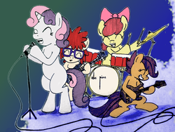 Size: 960x720 | Tagged: safe, artist:arcum42, artist:thecawofcrows, apple bloom, scootaloo, sweetie belle, twist, g4, colored, cutie mark crusaders, drums, female, glasses, guitar, microphone, musical instrument, singing