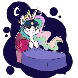 Size: 900x900 | Tagged: dead source, safe, artist:nohooves, artist:spaerk, princess celestia, alicorn, pony, g4, bed, female, mare, messy mane, pillow, sleep mask, sleepy, solo