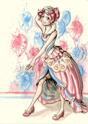 Size: 755x1057 | Tagged: safe, artist:eccentricteatime, pinkie pie, human, g4, clothes, dress, female, gala dress, humanized, solo, traditional art, watercolor painting