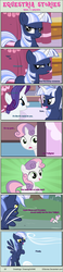 Size: 1004x4337 | Tagged: safe, artist:estories, rainbow dash, rarity, sweetie belle, oc, oc:silverlay, original species, pony, umbra pony, unicorn, comic:seeds of darkness, g4, carousel boutique, comic, female, filly, foal, horn, mare, possessed