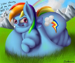 Size: 975x820 | Tagged: dead source, safe, artist:php33, rainbow dash, g4, fat, female, immobile, morbidly obese, obese, overweight, rainblob dash, solo, weight gain