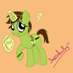 Size: 3300x3300 | Tagged: safe, artist:sneezeanonpony, oc, oc only, oc:sneezeanonpony, cute, earring, green, grin, high res, magic, notepad, pencil, persona, raised hoof, smiling, solo, telekinesis, watch