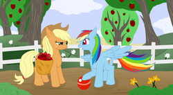 Size: 1000x548 | Tagged: safe, artist:salkridgh, applejack, rainbow dash, g4, apple, ball