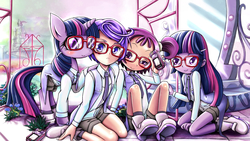 Size: 2500x1406 | Tagged: safe, artist:skyshek, twilight sparkle, alicorn, human, unicorn, equestria girls, g4, clothes, crossover, glasses, human ponidox, kenzaki makoto, ojamajo doremi, onpu segawa, phone, precure, pretty cure, segawa onpu, twilight sparkle (alicorn), unicorn twilight