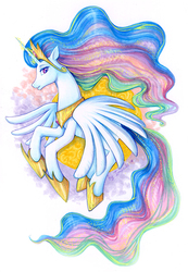 Size: 699x1012 | Tagged: safe, artist:imanika, princess celestia, alicorn, pony, g4, featured image, female, flying, looking at you, magic, mare, simple background, smiling, solo, spread wings, traditional art, white background