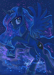 Size: 501x693 | Tagged: safe, artist:imanika, princess luna, alicorn, pony, g4, female, looking at you, mare, rearing, smiling, solo, spread wings, traditional art