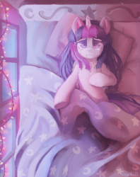 Size: 734x927 | Tagged: safe, artist:mewball, twilight sparkle, alicorn, pony, g4, alone, bed, crying, fairy lights, feels, female, high angle, lonely, lying, mare, on back, sad, sheet, solo, twilight sparkle (alicorn)