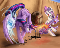 Size: 5000x4000 | Tagged: safe, artist:silfoe, sweetie belle, twilight sparkle, alicorn, pony, fanfic:avatar: the last alicorn, g4, airbending, avatar the last airbender, crossover, earthbending, female, fight, firebending, mare, twilight sparkle (alicorn), waterbending