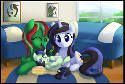 Size: 1024x691 | Tagged: safe, artist:xnightmelody, oc, oc only, oc:sony, earth pony, pony, unicorn, couch, cute, family, female, filly, lesbian, magical lesbian spawn, offspring, trio