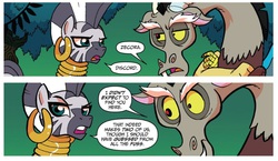 Size: 823x476 | Tagged: safe, artist:tonyfleecs, idw, discord, zecora, draconequus, zebra, friends forever, g4, spoiler:comic, spoiler:comicff5, female, male, mare, when you see it