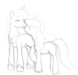 Size: 694x670 | Tagged: safe, artist:scouthiro, derpy hooves, princess luna, pegasus, pony, g4, female, lesbian, love, mare, monochrome, ship:lunaderp, shipping, sketch