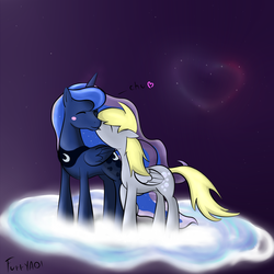 Size: 1500x1500 | Tagged: safe, artist:scouthiro, derpy hooves, princess luna, pegasus, pony, g4, cloud, female, heart, lesbian, love, mare, night, ship:lunaderp, shipping, sky