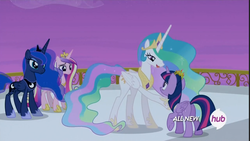 Size: 1366x768 | Tagged: safe, screencap, princess cadance, princess celestia, princess luna, twilight sparkle, alicorn, pony, g4, twilight's kingdom, alicorn tetrarchy, female, hub logo, mare, twilight sparkle (alicorn)