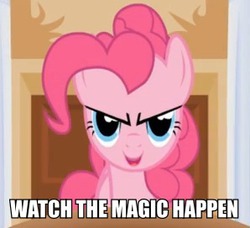 Size: 298x272 | Tagged: safe, pinkie pie, turnabout storm, g4, caption, faic, female, image macro, meme, roflbot, sinister, solo, turnabout oops