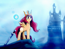 Size: 2627x1974 | Tagged: safe, artist:yula568, pony, aurora (child of light), castle, child of light, crown, igniculus, ponified, solo, sword