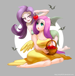 Size: 800x813 | Tagged: safe, artist:amy30535, fluttershy, human, g4, apple, barefoot, basket, breasts, busty fluttershy, duality, feet, female, flutterbat, humanized, lidded eyes, open mouth, paradox, race swap, winged humanization