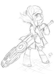 Size: 774x1032 | Tagged: safe, artist:muffinsforever, pony, monochrome, ponified, red (transistor), sketch, solo, sword, transistor