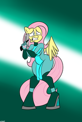 Size: 1270x1876 | Tagged: safe, artist:mofetafrombrooklyn, fluttershy, anthro, g4, crossover, female, gun, metroid, nervous, scared, solo, weapon, zero suit