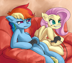 Size: 2850x2490 | Tagged: safe, artist:vanefox, fluttershy, rainbow dash, g4, controller, fangs, high res, hilarious in hindsight, love seat, playstation 2, video game