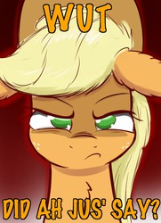 Size: 580x800 | Tagged: safe, artist:heir-of-rick, applejack, g4, angry, caption, dialogue, female, funetik aksent, impossibly large ears, looking at you, reaction image, solo, study