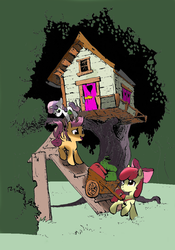 Size: 748x1069 | Tagged: safe, artist:nobody-hares, apple bloom, scootaloo, sweetie belle, g4, cart, clubhouse, colored, crusaders clubhouse, cutie mark crusaders, saddle bag, treehouse