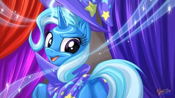 Size: 2560x1440 | Tagged: safe, artist:mysticalpha, trixie, pony, unicorn, g4, 16:9, butt, dock, female, looking at you, looking back, mare, plot, solo, wallpaper