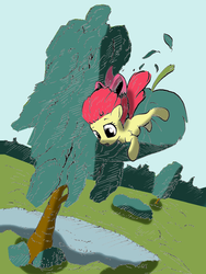Size: 600x797 | Tagged: safe, artist:nobody-hares, apple bloom, g4, colored, female, flying, leaf, solo, tree
