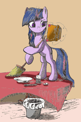 Size: 400x603 | Tagged: safe, artist:mcstalins, artist:nobody-hares, twilight sparkle, pony, g4, bipedal, book, broom, colored, female, magic, reading, solo, table, twilight sweeple