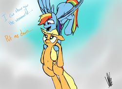 Size: 1403x1034 | Tagged: safe, artist:greyscaleart, applejack, rainbow dash, g4, aladdin, belly button, carrying, disney, flying, parody, reference, scene parody, singing, song, song reference