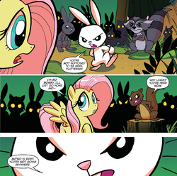 Size: 1400x1388 | Tagged: safe, idw, official comic, angel bunny, fluttershy, nutso, raccoon, squirrel, friends forever #5, g4, my little pony: friends forever, spoiler:comic