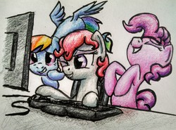 Size: 3294x2432 | Tagged: safe, artist:dynamiclines, pinkie pie, rainbow dash, oc, g4, computer, high res, traditional art
