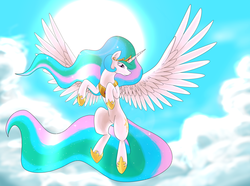 Size: 3233x2400 | Tagged: safe, artist:ponimichla, princess celestia, g4, cloud, cloudy, female, flying, high res, solo