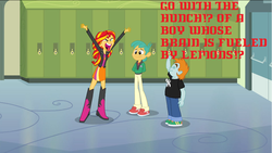 Size: 1024x576 | Tagged: safe, edit, edited screencap, screencap, snails, snips, sunset shimmer, equestria girls, g4, my little pony equestria girls, hitchhiker's guide to the galaxy, parody, quote, updated