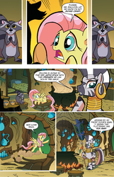 Size: 1250x1945 | Tagged: safe, idw, official comic, fluttershy, zecora, pegasus, pony, raccoon, zebra, friends forever #5, g4, my little pony: friends forever, spoiler:comic, butt, cauldron, comic, female, fire, jaffa stick, mare, plot, spear