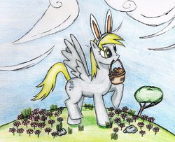 Size: 1024x831 | Tagged: safe, artist:gangsterlovin, derpy hooves, pegasus, pony, g4, basket, bunny ears, easter, easter egg, female, flower, giant pony, macro, mare, mouth hold, solo, traditional art