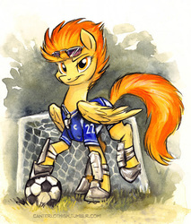 Size: 514x602 | Tagged: safe, artist:kenket, artist:spainfischer, spitfire, pony, g4, canterlot high, canterlot high blog, clothes, female, football, jersey, solo