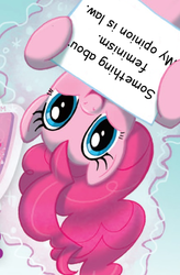 Size: 436x663 | Tagged: safe, pinkie pie, g4, drama, exploitable meme, meme, mouthpiece, parody, pinkie pie's sign, troll