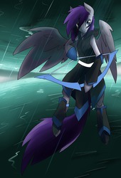 Size: 1280x1877 | Tagged: safe, artist:cymek, oc, oc only, oc:umbra mist, pegasus, semi-anthro, action pose, armor, bow (weapon), clothes, eyeshadow, rain, solo