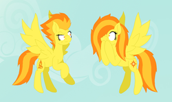 Size: 1072x640 | Tagged: safe, artist:thelunarmage, spitfire, oc, oc:solaria, pegasus, pony, g4, twins