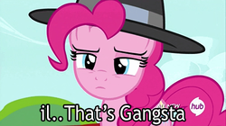 Size: 500x280 | Tagged: safe, screencap, pinkie pie, g4, testing testing 1-2-3, female, hub logo, rapper pie, reaction image, solo