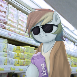 Size: 1000x1000 | Tagged: safe, artist:eternyan, rainbow dash, pony, semi-anthro, g4, bipedal, clothes, crossover, female, grocery store, mare, parody, solo, sunglasses, supermarket, the big lebowski, wingless