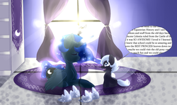 Size: 1024x606 | Tagged: safe, artist:phaerie-flie, princess luna, oc, oc:celia, changeling, hybrid, g4, crepuscular rays, excited, eyes closed, fangs, missing accessory, prone, sitting, smiling, speech bubble, sun, window