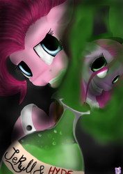 Size: 2480x3508 | Tagged: safe, artist:jayesixx, pinkie pie, g4, dr jekyll and mr hyde, dr pinkie and miss pie, duality, fangs, high res, pinkamena diane pie, potion