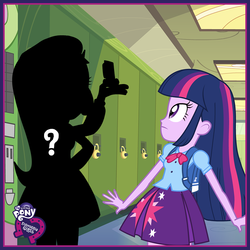 Size: 800x800 | Tagged: safe, trixie, twilight sparkle, equestria girls, g4, official, crackers, facebook, food, my little pony logo, peanut butter, peanut butter crackers, question mark, silhouette