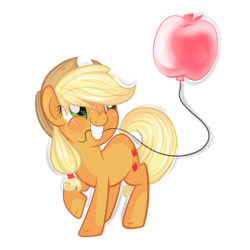 Size: 3000x3000 | Tagged: dead source, safe, artist:suzuii, applejack, g4, apple, balloon, cute, female, grin, high res, jackabetes, mouth hold, raised hoof, smiling, solo, squee, that pony sure does love apples